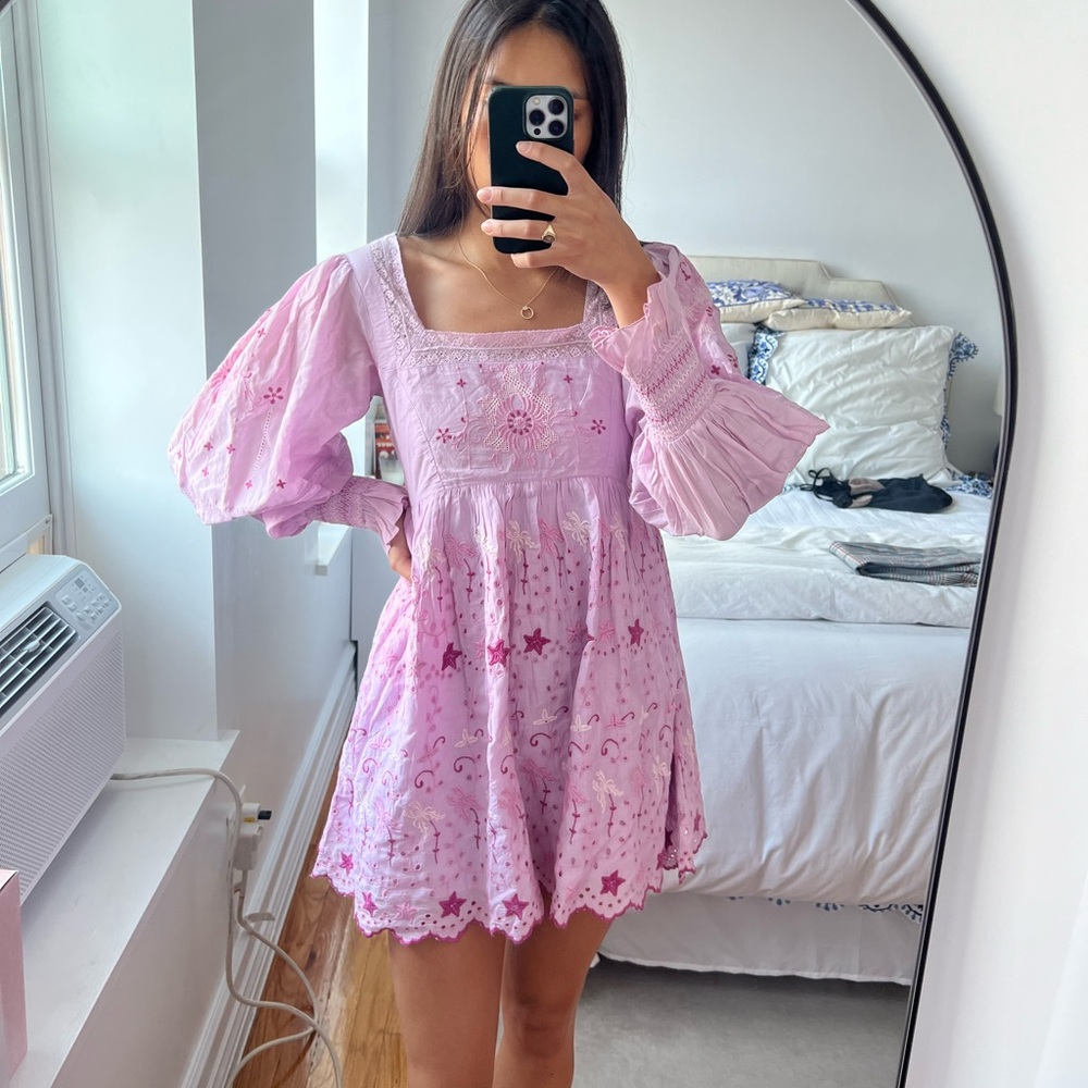 LoveShackFancy Freja Eyelet Puff-Sleeve Mini Dress